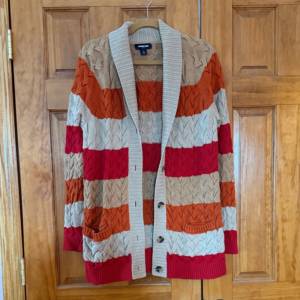 Lands End Cable Knit Cardigan in Red, Orange, and Tan